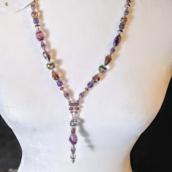 AMETHYST& PURPLE FLUORITE*LARIAT/Y STYLE NECKLACE & EARRINGS. - Picture 6 of 6